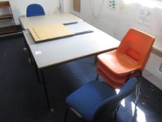 3 x assorted tables, desk, 2 x upholstered chairs, 3 x plastic stacking chairs, bookcase,Located