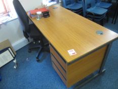 Wood effect single pedestal desk, chair, assorted books, folders, plastic storage unit etc.,