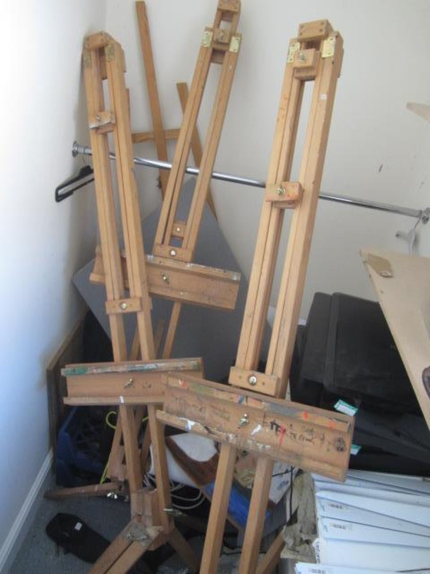 Contents of cupboard including 4 x wood frame artist easels, bespoke notice boards etc.,Located at - Image 2 of 3