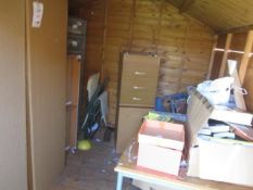 Contents of shed including 2 x wood trestles, 2 x wardrobes, wood effect drawer unit, workmate,