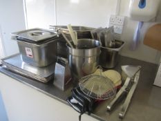 Assorted cooking trays, grater, Bain maries trays, gloves, hand masher, etc.,Located at main