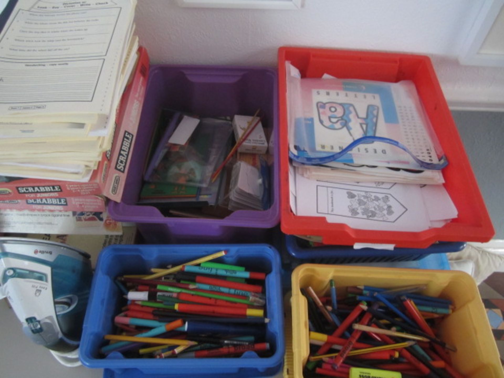 Quantity of assorted plastic storage boxes, teaching aids, pens, board games, etc.,Located at main - Image 2 of 6