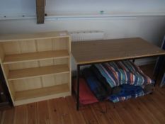 Lightwood effect 3 shelf bookcase, table, yoga mats, cushions etc.,Located at main school,** Located