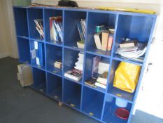 Bespoke wood frame 18 compartment storage unit with contents of assorted books,Located at Church