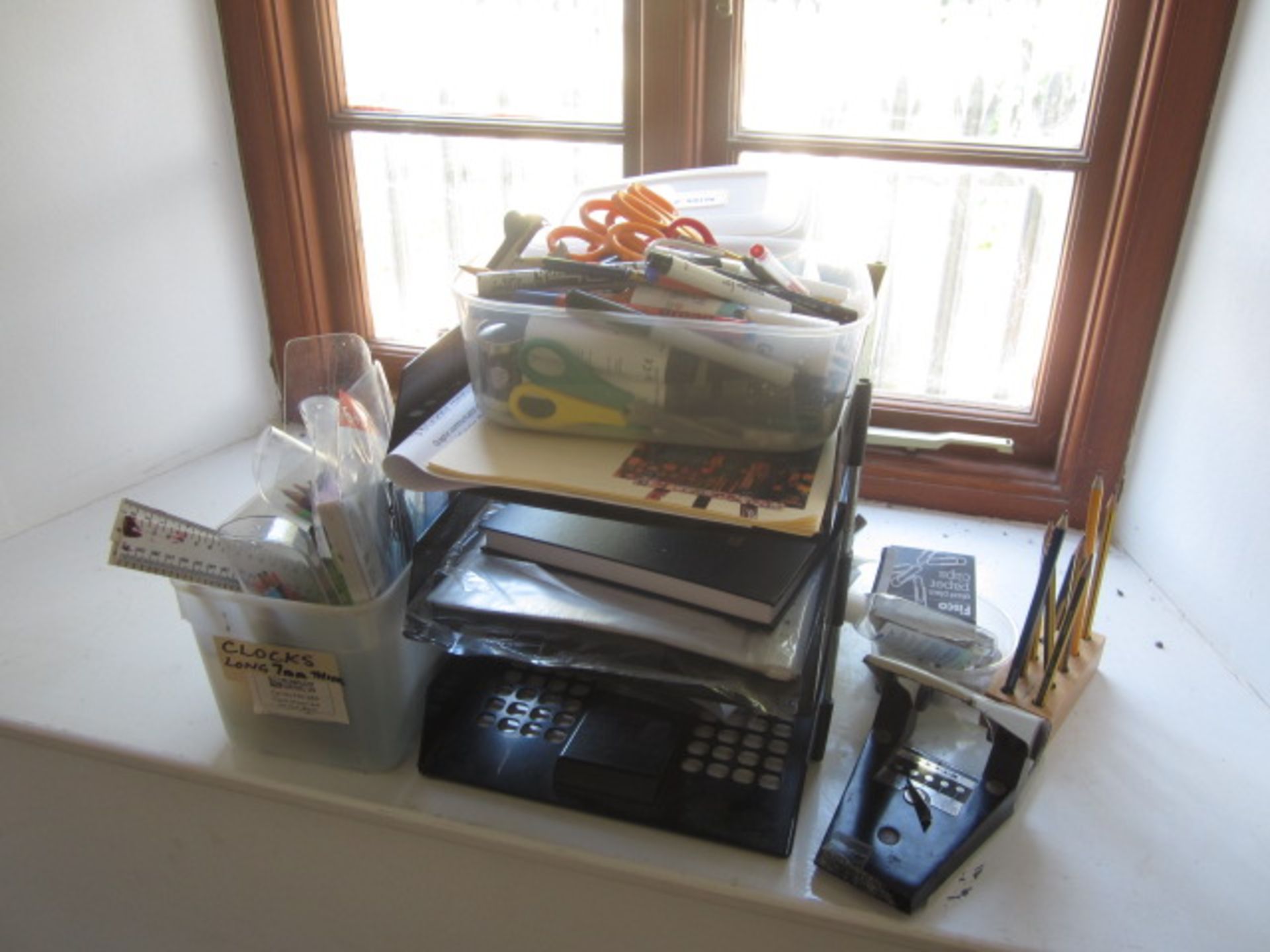 Wood effect storage unit with contents including pencils, colouring pencils, various books, - Image 9 of 11