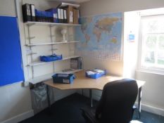 Loose contents of Geography (CF13) including corner desk, chair, desk fan, ring binders, test soil