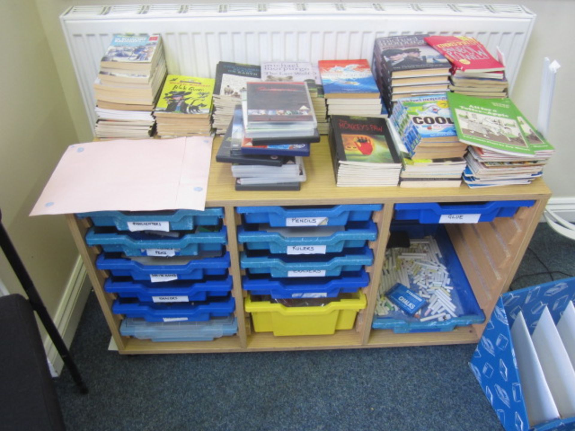 Loose contents of room including tray storage unit, 2 x chairs, various books, folders, exercise - Image 4 of 12