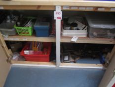 Contents of storage cupboard including art materials, hand tools, stationary, metal 6 drawer storage