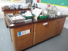 Wood laboratory workbench with 2 double/1 single under storage, water and gas taps, sink, power