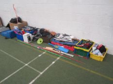 Assorted sports equipment including crickets bats, stumps, badminton rackets and nets, table