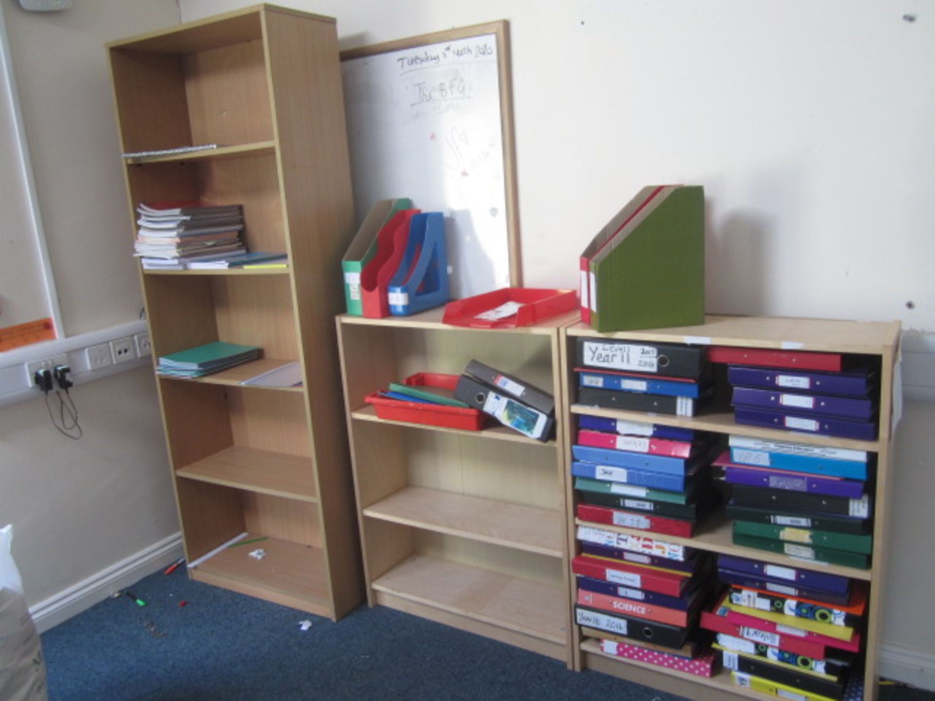 4 x assorted bookcases with contents including books, folders, etc., metal 4 drawer filing cabinet,