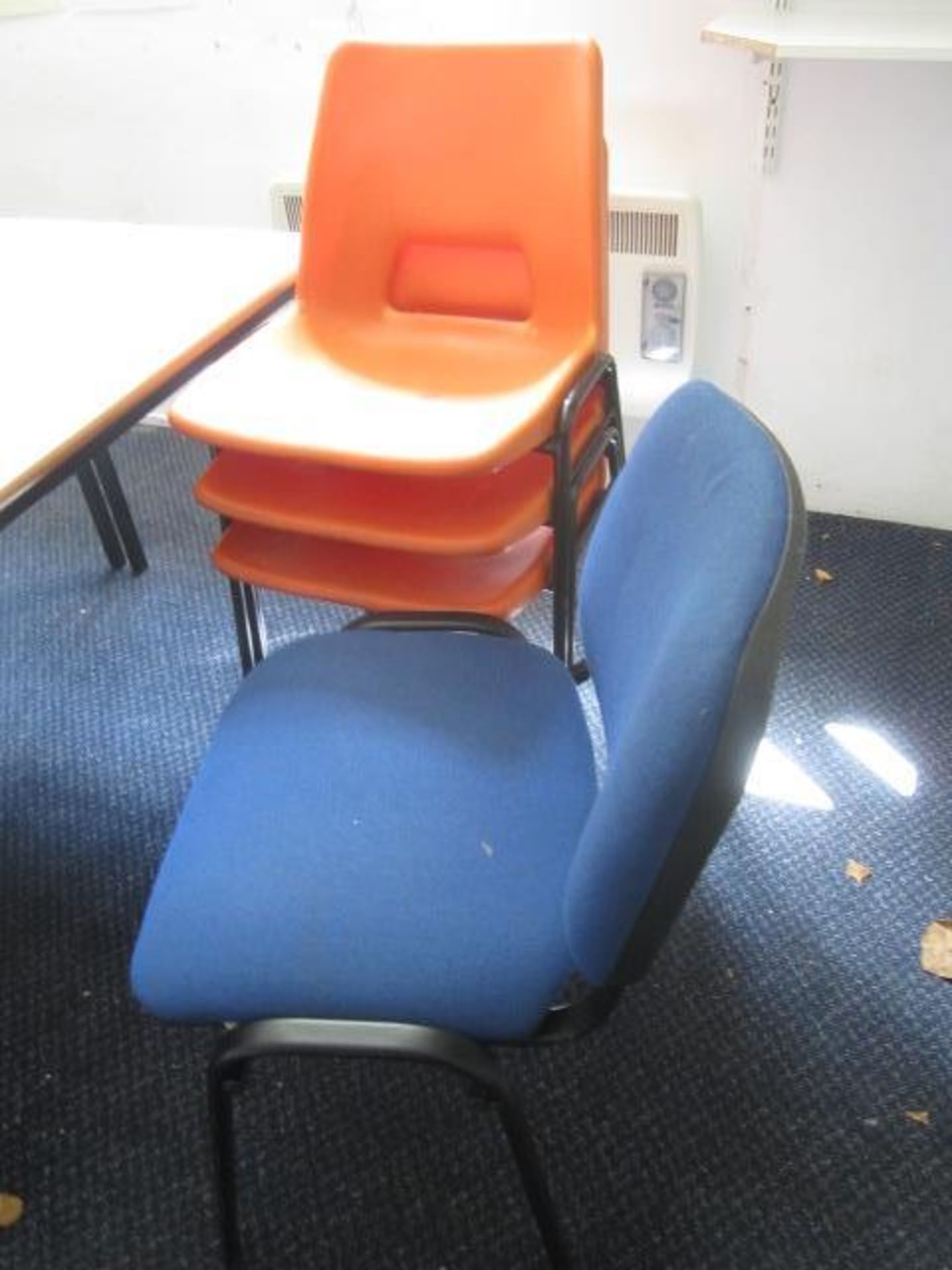 3 x assorted tables, desk, 2 x upholstered chairs, 3 x plastic stacking chairs, bookcase,Located - Image 2 of 4