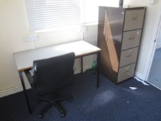 Melamine top table, chair, metal 4 drawer filing cabinet, 5 shelf bookcase,Located at main school,**