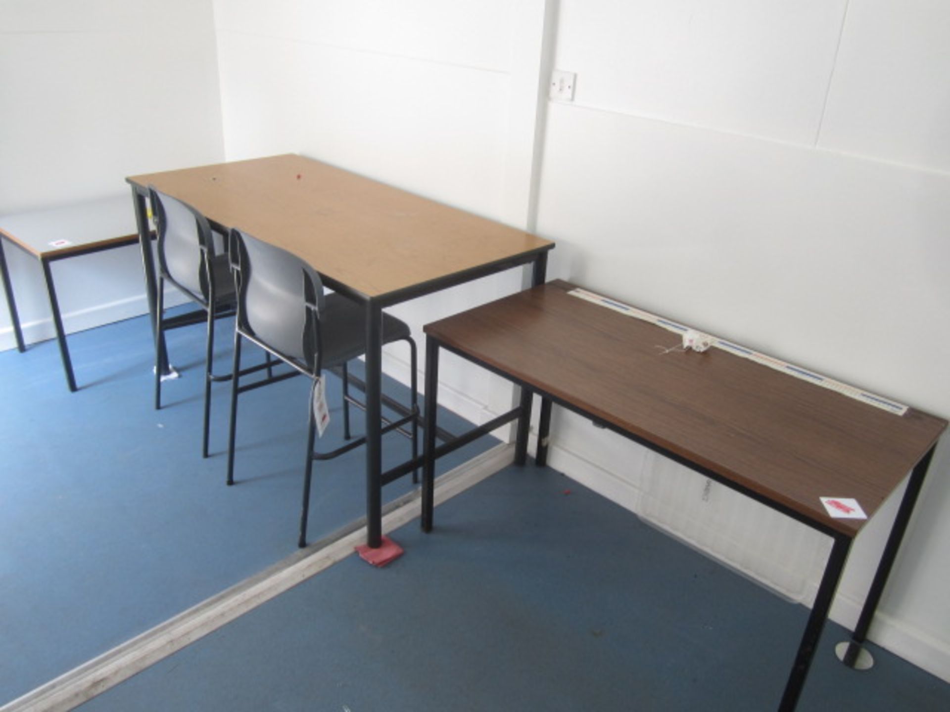 3 x assorted tables, 2 x laboratory chairs, 2 x leatherette chairs, stool, 4 drawer filing cabinet,