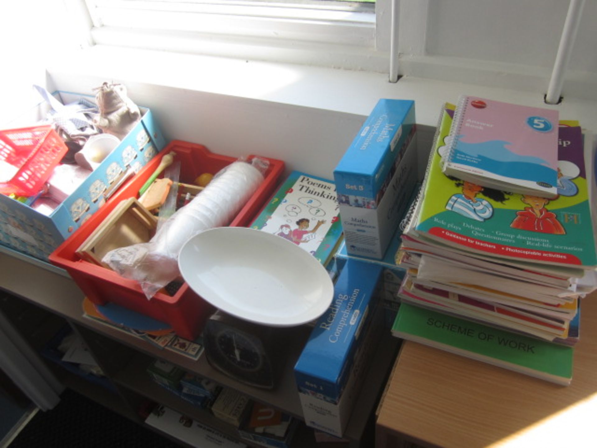 Wood effect bookcase with assorted books, teaching aids, board games, books etc.,Located at main - Image 10 of 13