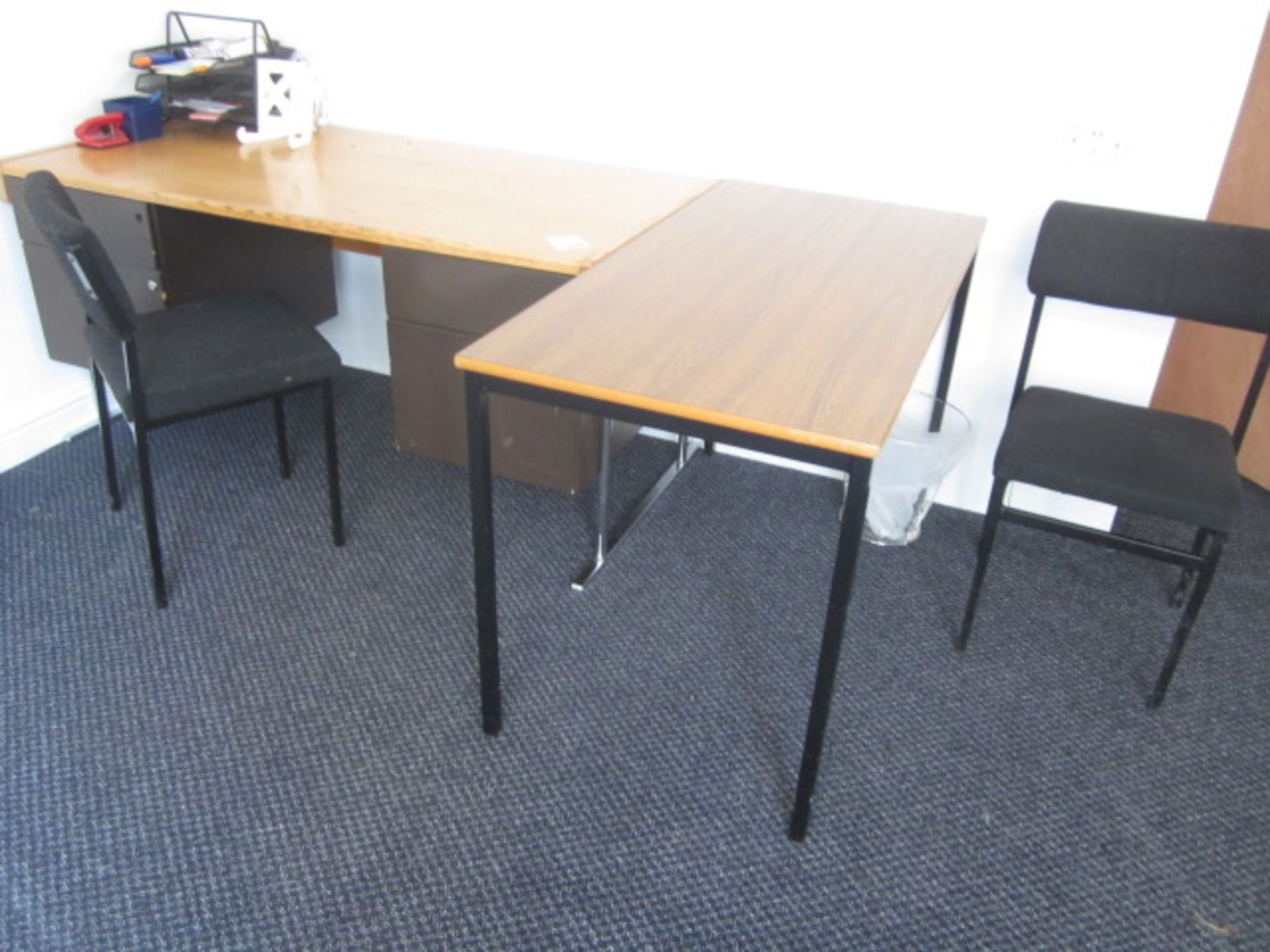 Double pedestal desk, 2 x tables, 3 x bookcases, 3 x various chairs,Located at main school,**