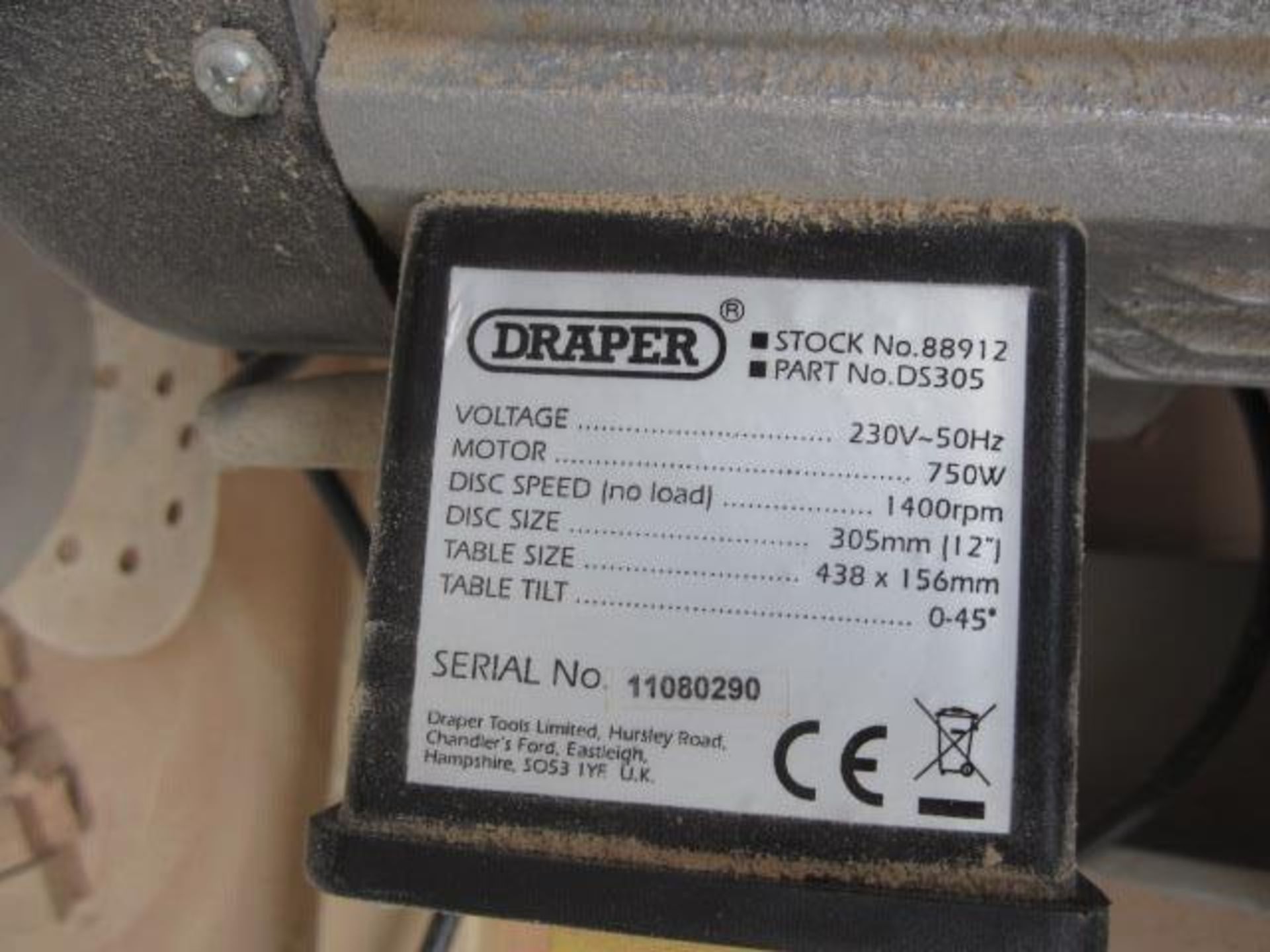 Draper DS305 bench top circular disc sander, serial no. 11080290, disc size 305mm, table size 438 - Image 3 of 3