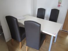 Four brown leather effect dining chairs, and white laminate table, 1500 x 750mm