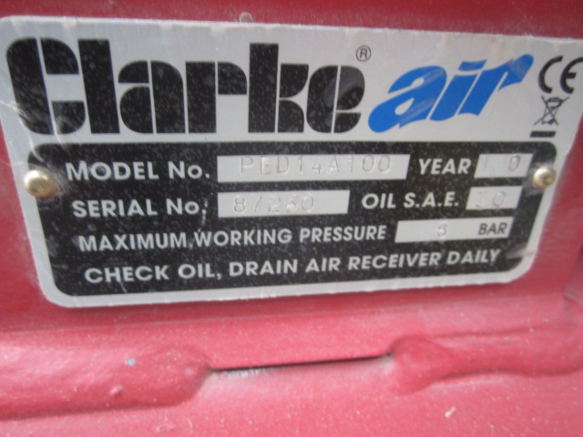 Clarke Industrial PED14A100 mobile reciprocating air compressor, serial no. 87260 (2010), max - Image 2 of 3