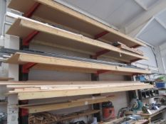 Two bays of steel framed, wall mounted single sided stock style rack, 4250 x 900 x 3550mm