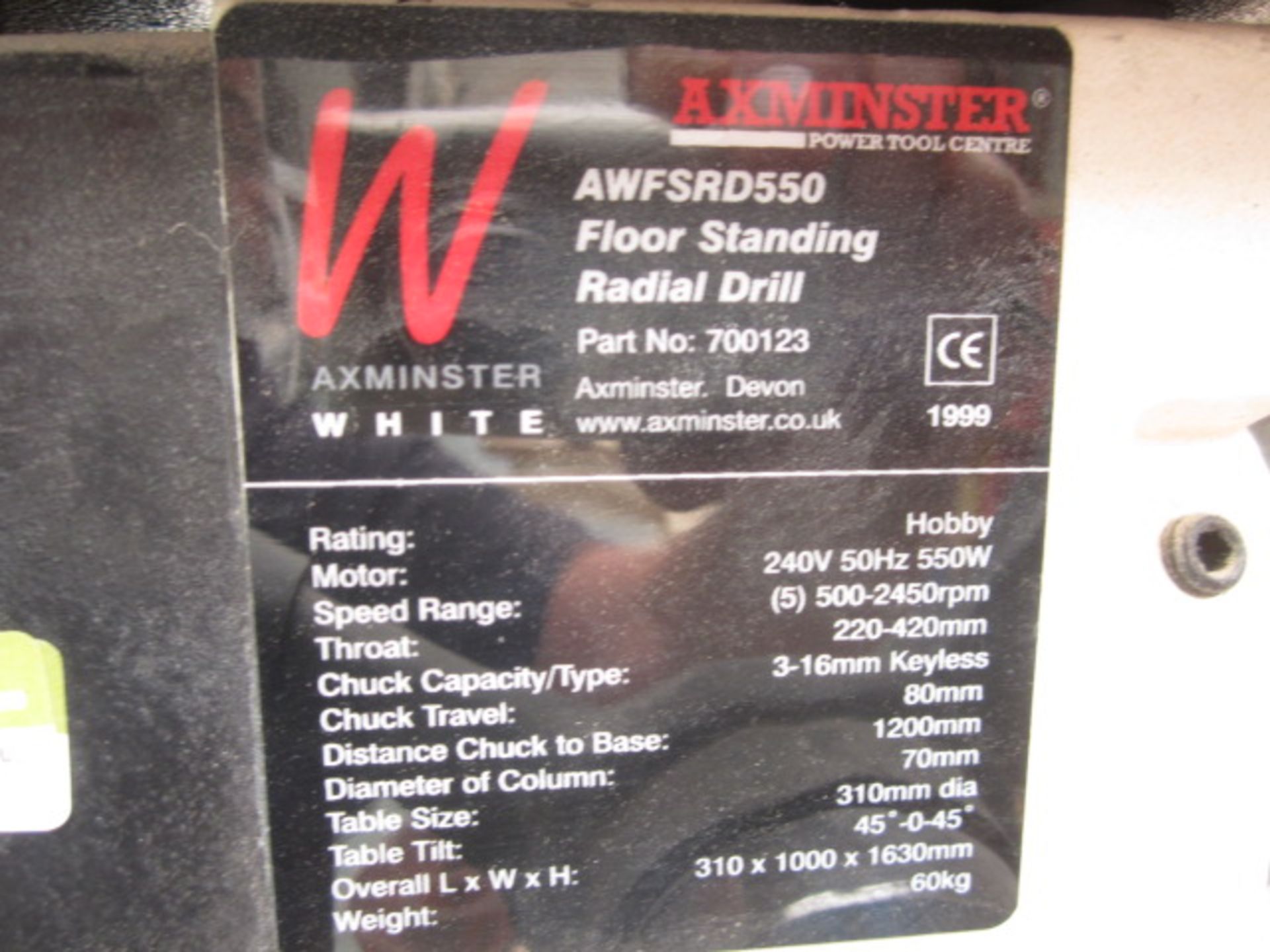 Axminster AWFSRD550 floor standing radial drill, part no. 700123, speed range 500 - 2450rpm, - Image 3 of 3