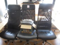 Three black mesh back black leather cushioned office swivel armchairs (arms not installed)
