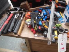 Quantity of assorted hand tools to include hammers, stanley knives, tape measures, screw drivers,
