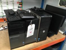 Three Dell tower syle computers each with monitor, keyboard and mouse (hard disc drives have been