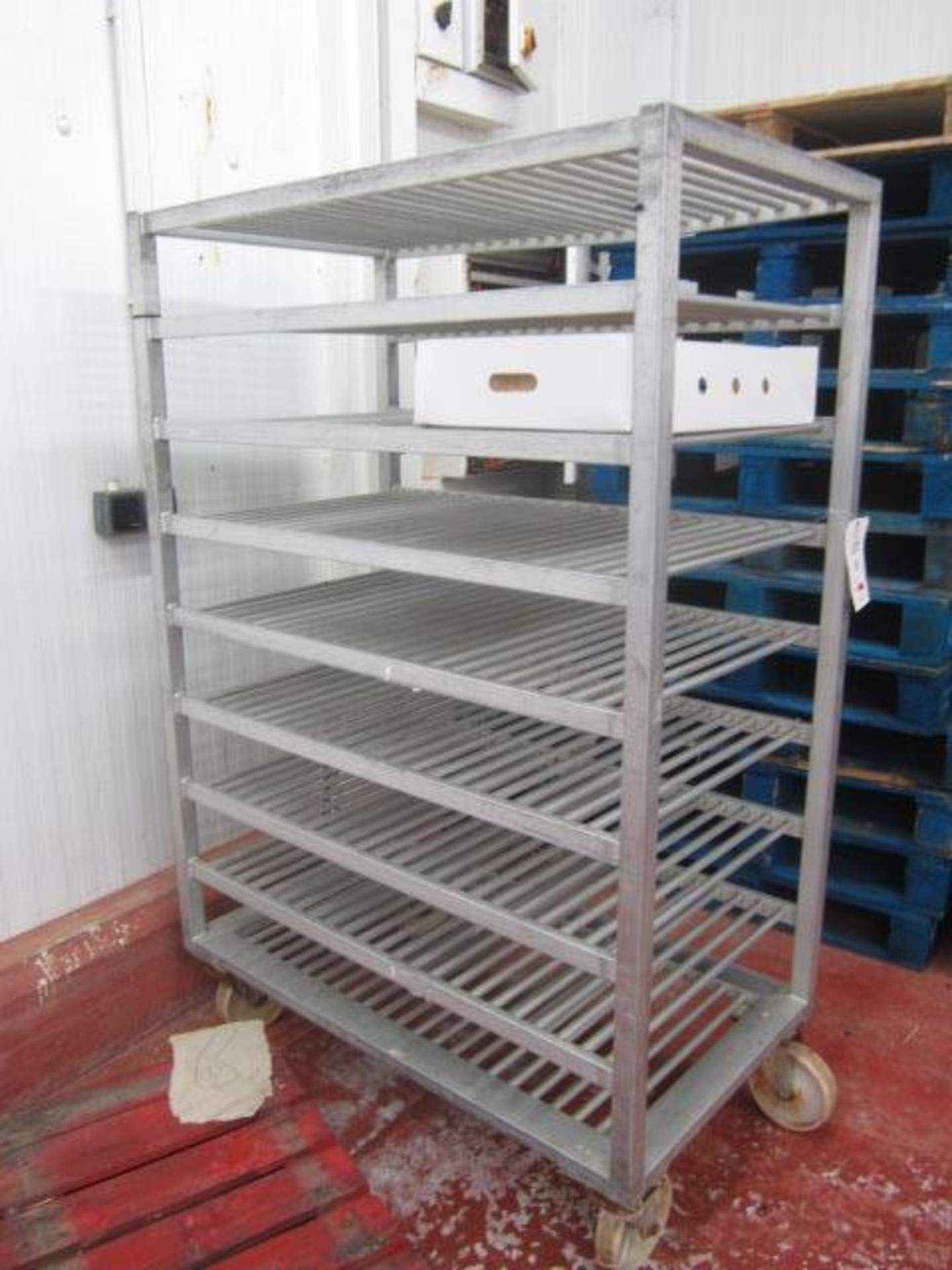 2 x mobile 8 shelf racks, 1200mm x 690mm x 1.8m