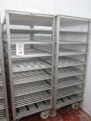 2 x mobile 8 shelf racks, 1200mm x 690mm x 1.8m