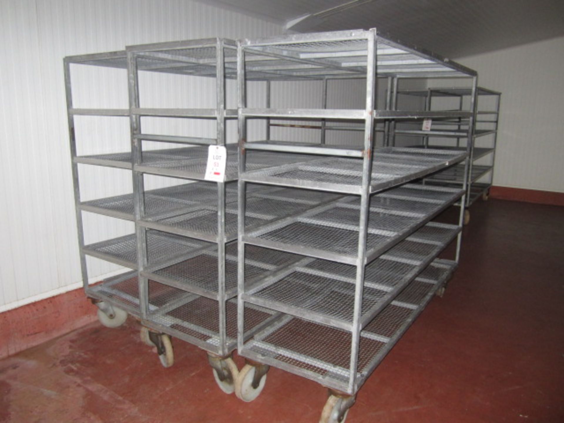 3 x galvanised mobile 5 shelf racks, 2.1m x 620mm x 1.7m