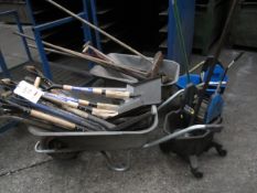 Two wheel barrows, quantity of shovels, brushes, mops, mop buckets