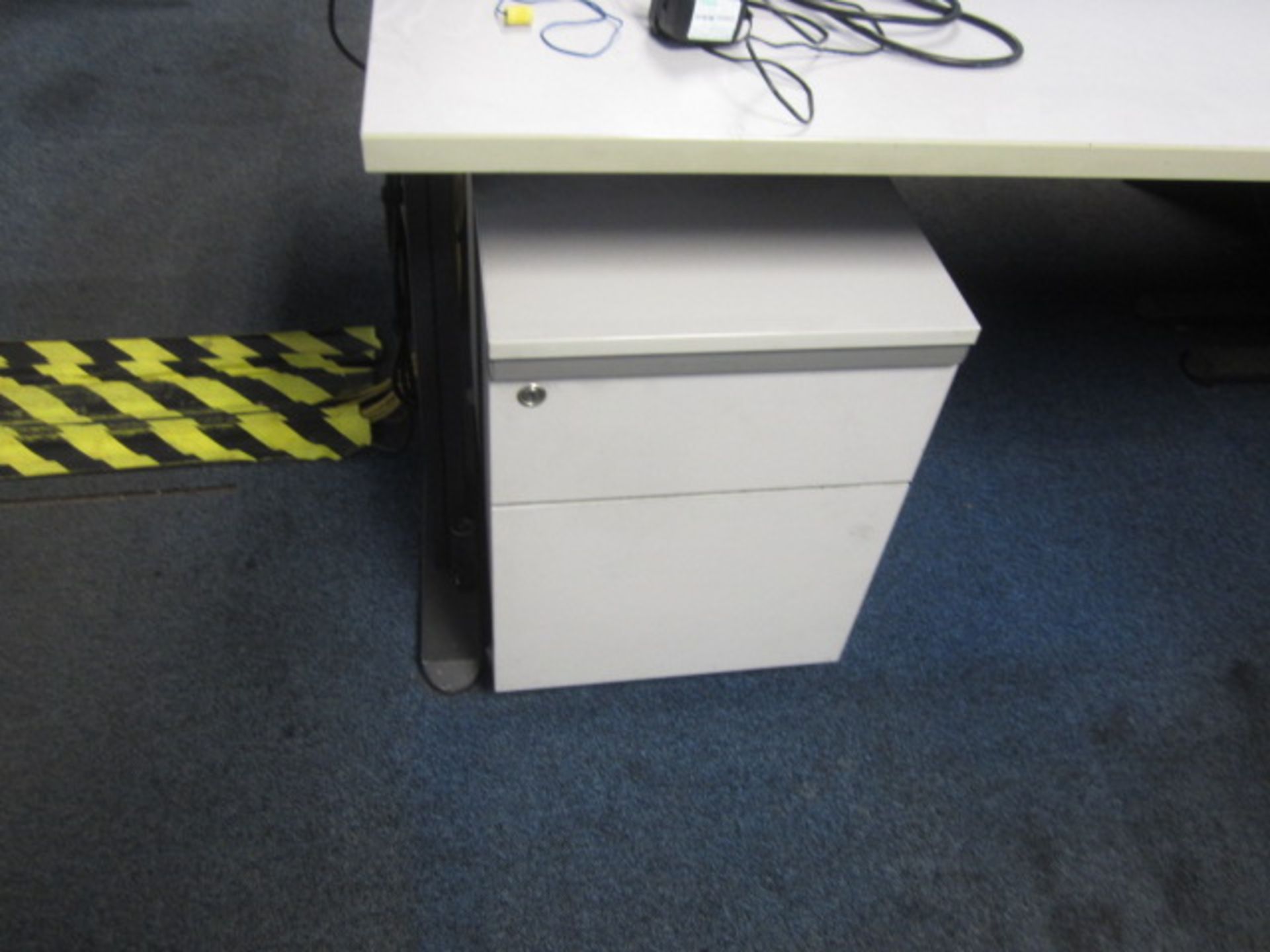 Four grey melamine corner workstations, two semi circle end sections, two tables, six under desk - Image 7 of 7