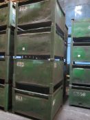 Four metal forkliftable stacking storage bins, approx. size 48"x48"x34", excluding contents