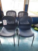 Four metal frame plastic moulded stacking canteen chairs