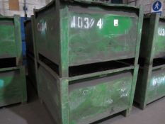 Four metal forkliftable stacking storage bins, approx. size 48"x48"x34", excluding contents