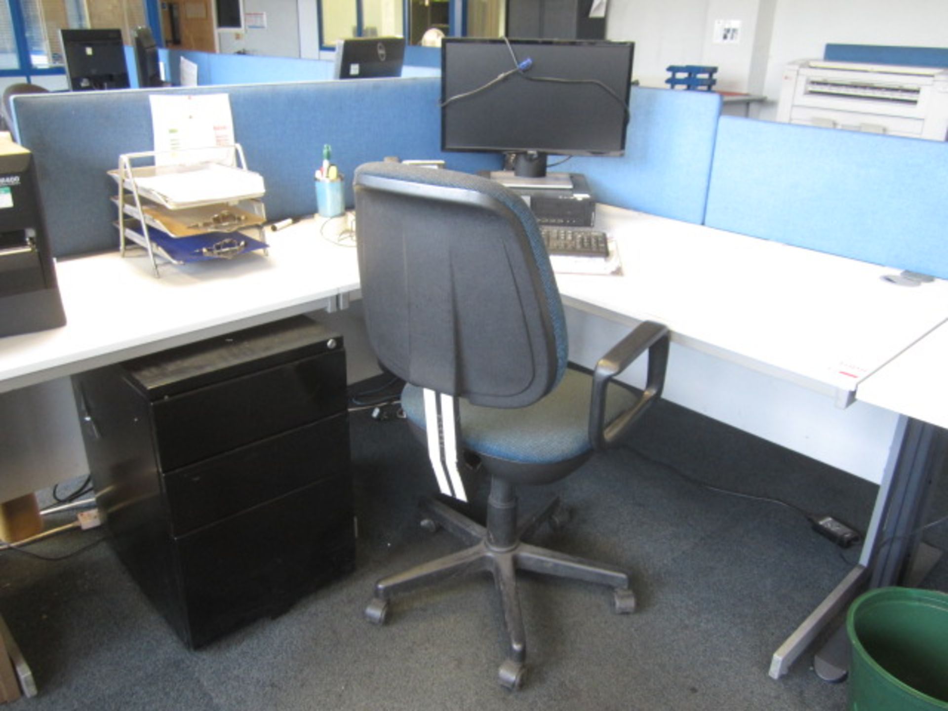 Two grey melamine corner workstation, one table, under desk pedestal, upholstered chair - Image 2 of 3