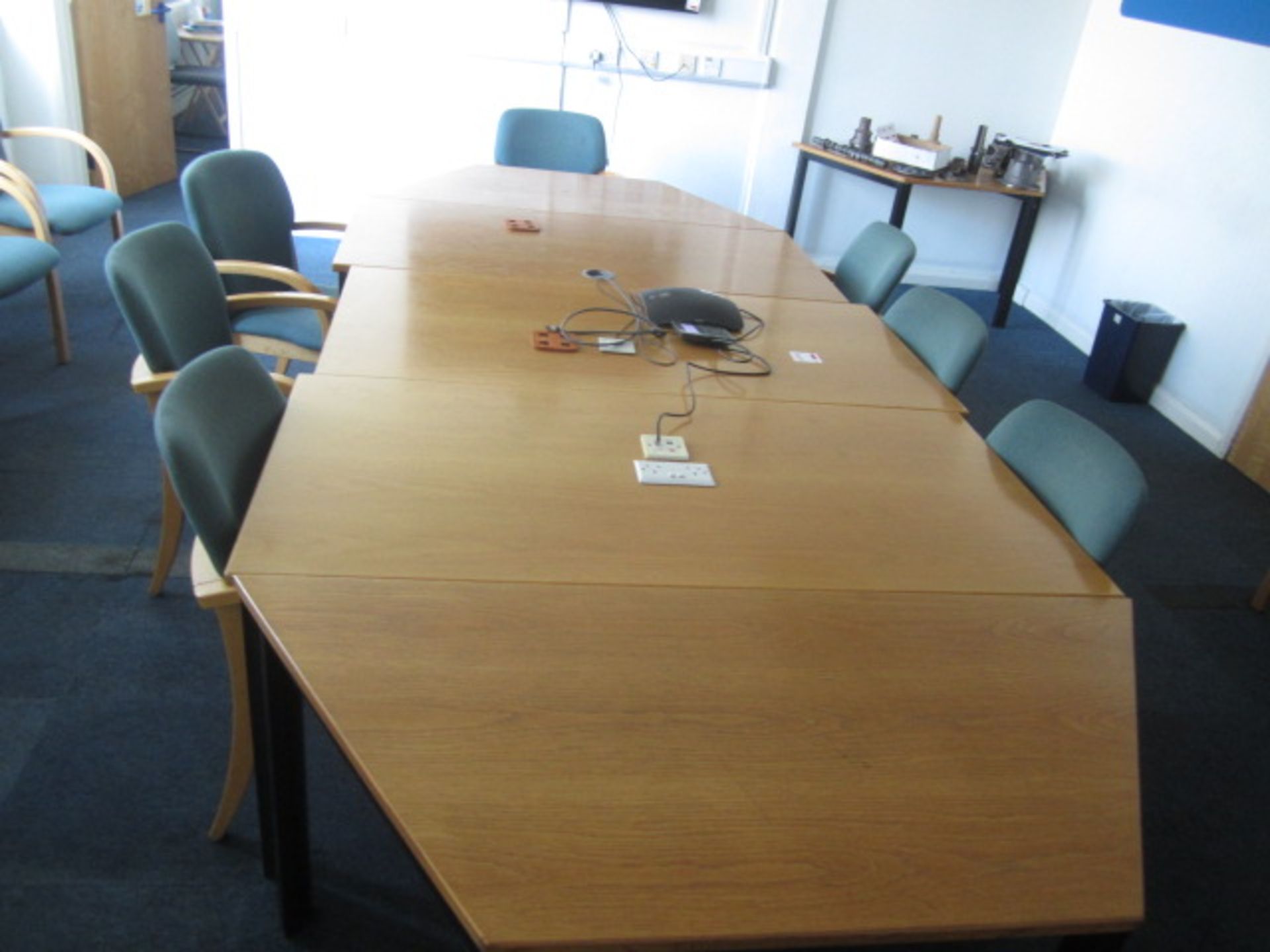 Wood effect 5 section meeting table with 8 upholstered wood effect framed chairs - Image 2 of 2