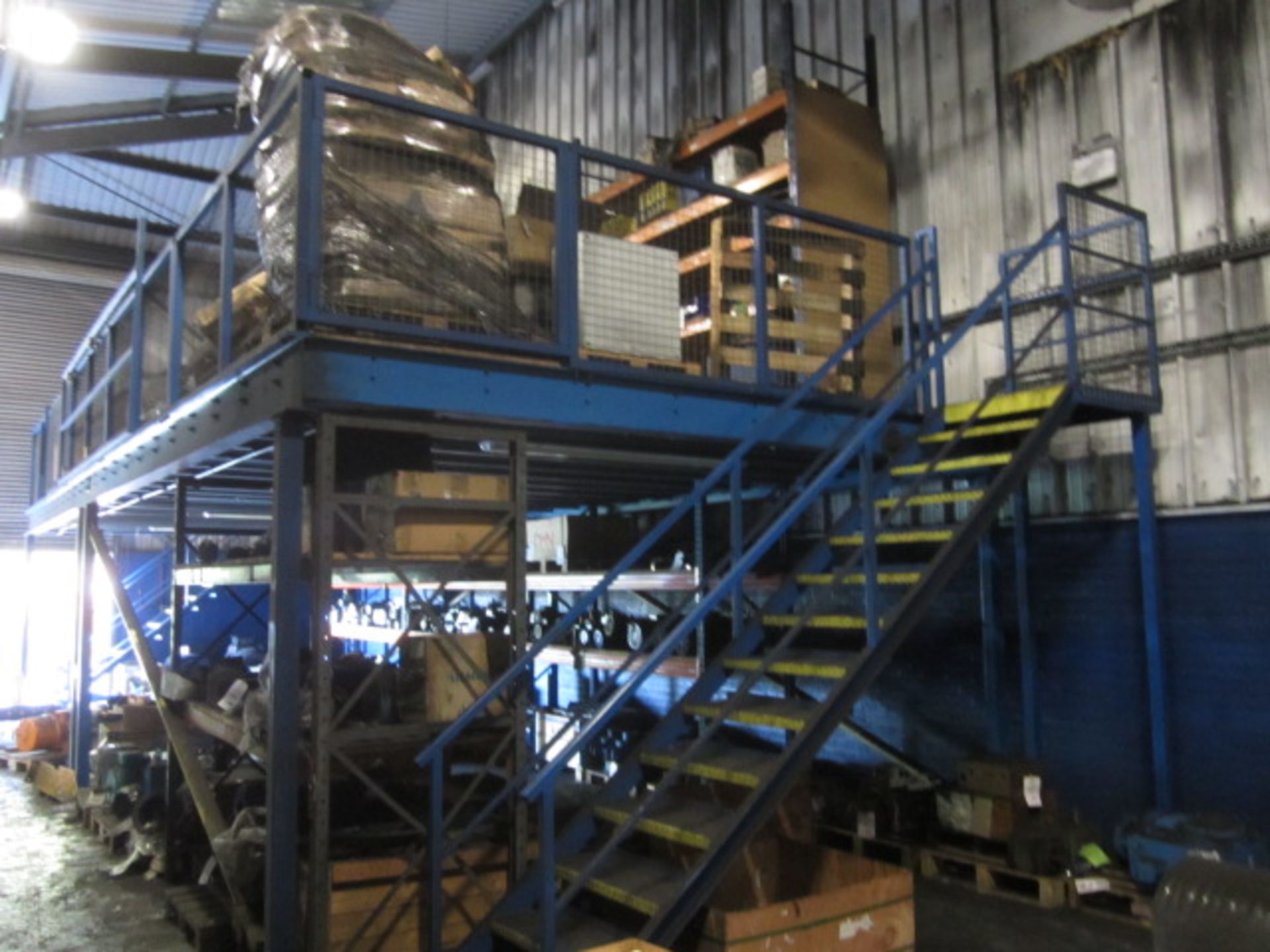 Freestanding mezzanine floor with forklift loading access point, safety fencing, two pedestrian - Image 4 of 8