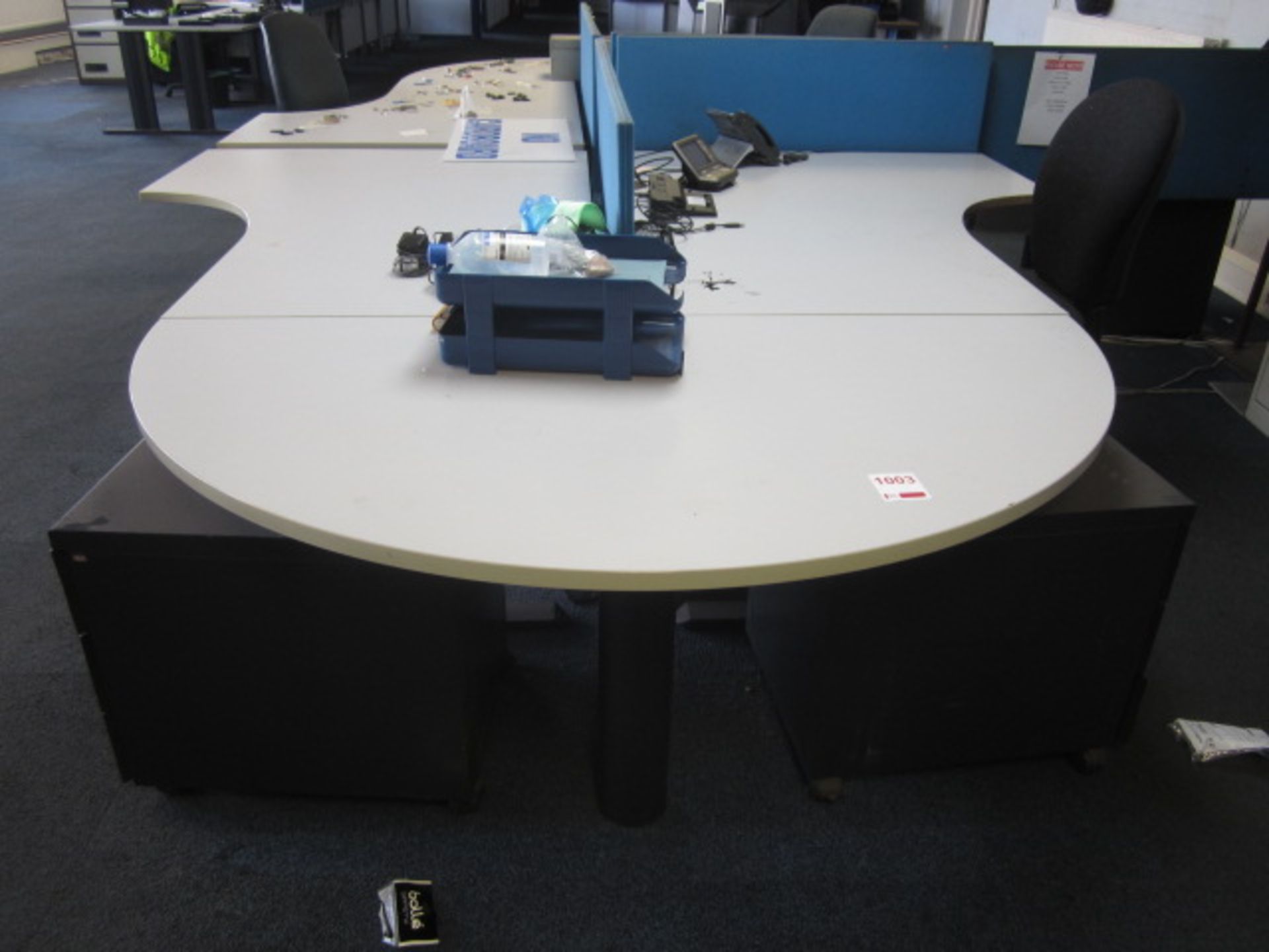 Two grey melamine corner workstations, one semi circle end section, two under desk pedestal, two