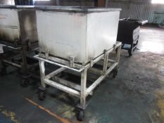 Swarf bin mounted on mobile stand, with outlet pipe, 1000 x 750mm