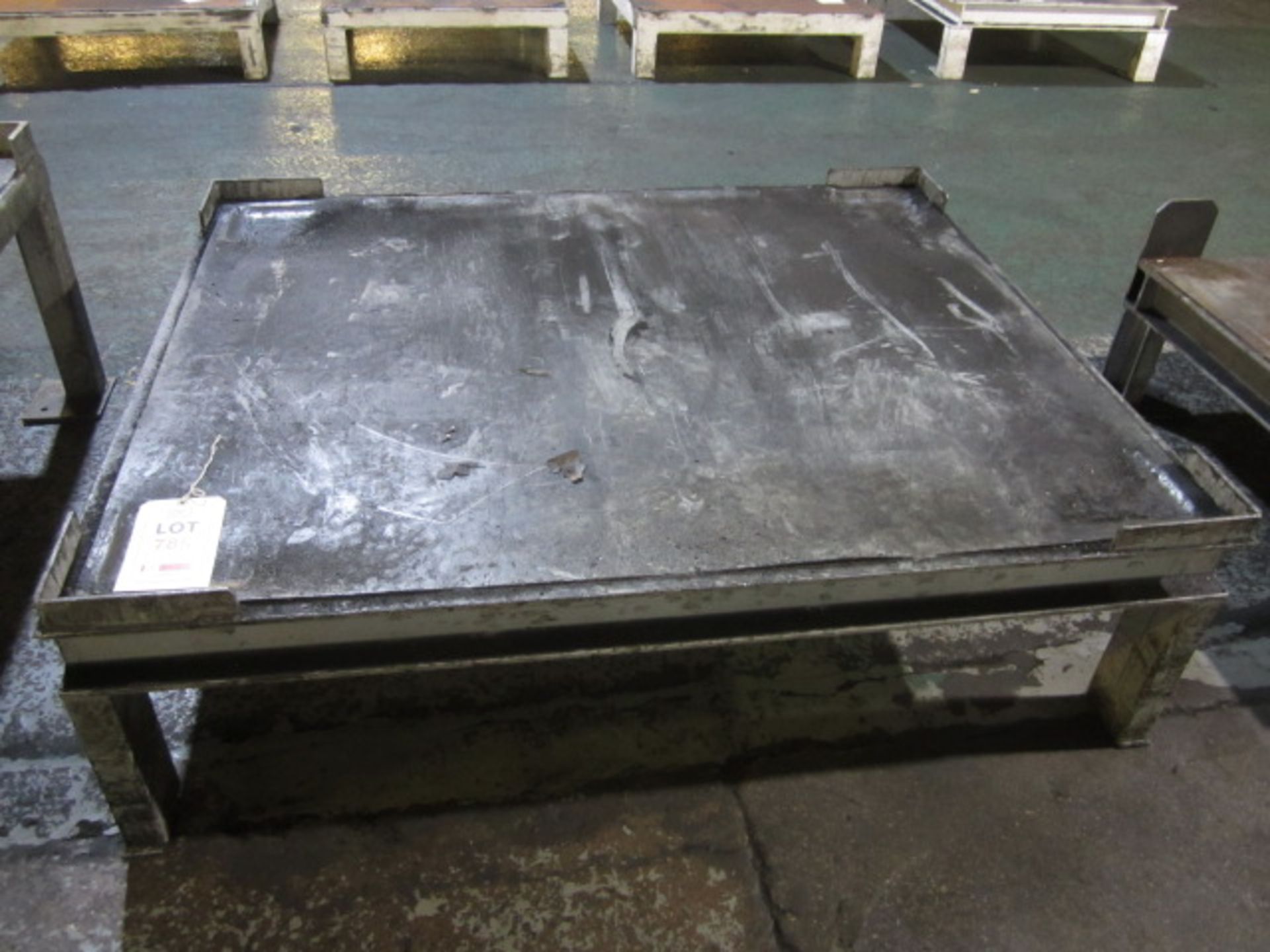 Three metal fabrication work tables, approx. size 1260 x 1470mm, 1180 x 1440mm, 1280 x 1120mm