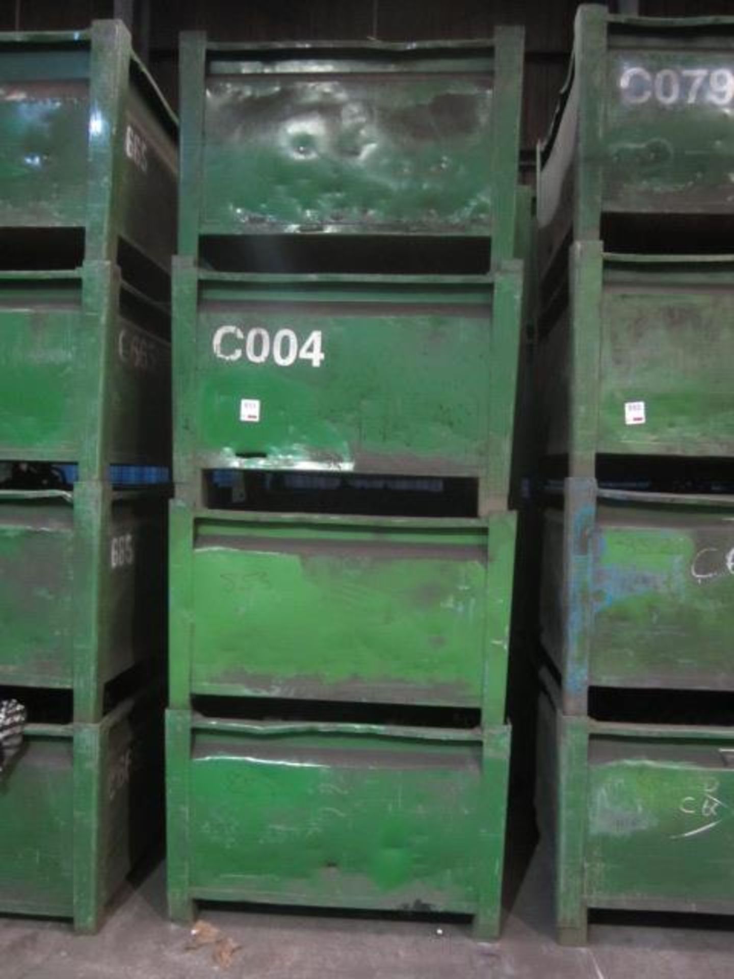 Four metal forkliftable stacking storage bins, approx. size 48"x48"x34", excluding contents