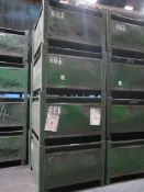 Four metal forkliftable stacking storage bins, approx. size 48"x48"x34", excluding contents