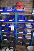 Two bays of assorted abrasive belts, wheels, pallet plates, spray, etc.