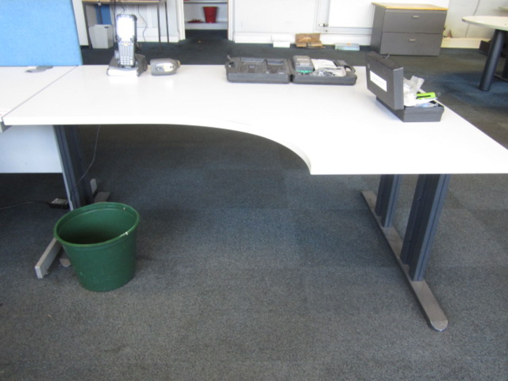 Two grey melamine corner workstation, one table, under desk pedestal, upholstered chair - Image 3 of 3