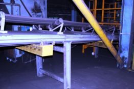Orthos elevating belt sand conveyor, approx 0.9m x 18m, mounted on support legs with drop down shute