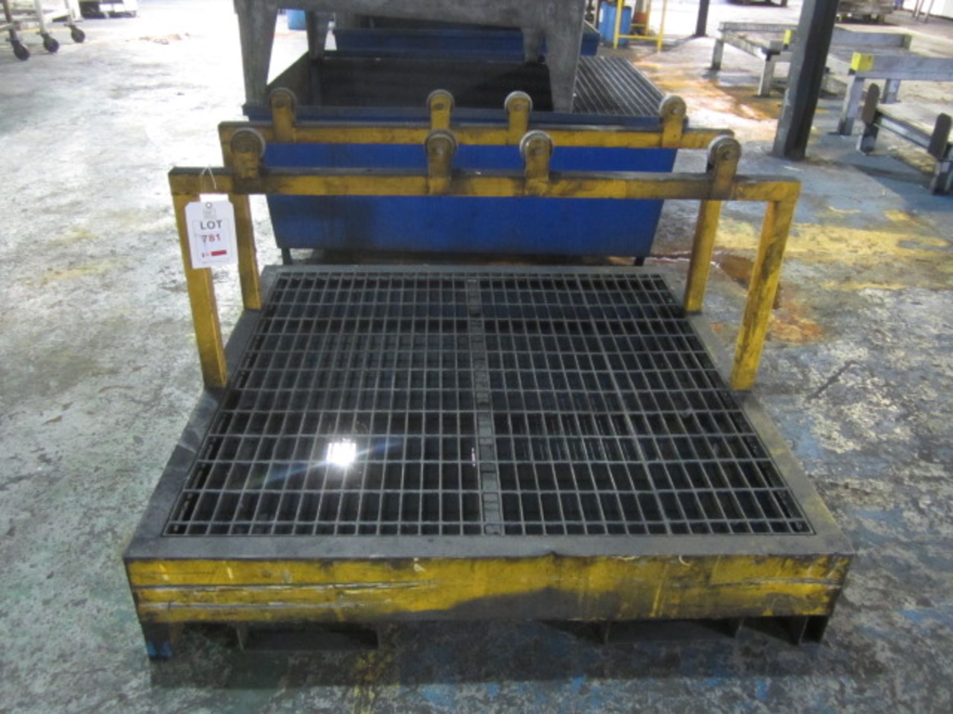 Metal fabricated spill tank, forklift mountable with overhead wheeled runners, 1.4 x 1.4m