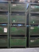 Four metal forkliftable stacking storage bins, approx. size 48"x48"x34", excluding contents