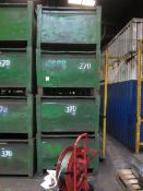 Four metal forkliftable stacking storage bins, approx. size 48"x48"x34", excluding contents